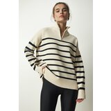 Happiness İstanbul Women's Cream Black Zippered Collar Striped Knitwear Sweater Cene