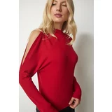 Happiness İstanbul Women's Red Stand-up collar Knitwear Blouse with Decollete