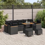 vidaXL 10-delni vrtni sofa set z blazinami Črn Poli Ratan Akacija | Shoptok.si