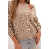 Kesi Włoski Women's openwork sweater with a V-neck and golden buttons dark beige | Shoptok.si