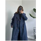 Laluvia Navy Blue Button Detailed Belted Long Trench Coat cene