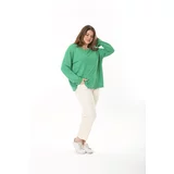 Şans Women's Plus Size Green Crew Neck Long Sleeve Blouse