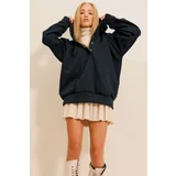 Trend Alaçatı Stili Women's Navy Blue Hooded Snap Closure 3 Thread Inner Raising Oversize Sweatshirt