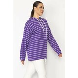 Şans women's plus size purple front pat with zipper eyelets and lace-up detail, hooded striped tunic cene