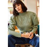 Olalook Women's Water Green Little Pompom Sleeve Detailed Waist Top Knitwear Sweater | shoptok.hr