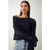 Happiness İstanbul Women's Navy Blue Openwork Crop Knitwear Sweater Cene