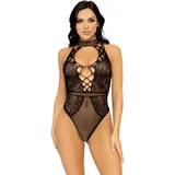 Net and Lace Keyhole Bodysuit Black