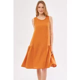 armonika Women's Orange Pickled Side Gathered Sleeveless Linen Look Midi Length