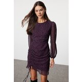 Trendyol Burgundy Leopard Printed Gathered Detailed Mini Woven Dress Cene