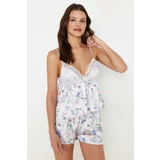 Trendyol Lilac Satin Heart Lace Detailed Undershirt-Shorts Woven Pajamas Set