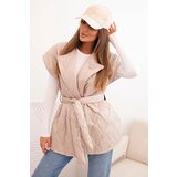 Kesi Włoski Women's quilted vest with a belt and a wide collar beige | shoptok.hr