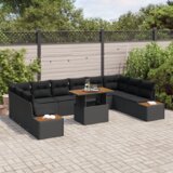 vidaXL 11-delna vrtna jedilna garnitura z blazinami črn poli ratan acacia | Shoptok.si