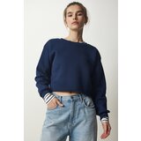  Women's Navy Blue Crew Neck Raised Crop Knitted Sweatshirt | Shoptok.si