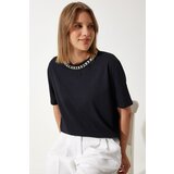 Happiness İstanbul Women's Black Collar Chain Necklace 100% Cotton Knitted T-Shirt | ePonuda.com
