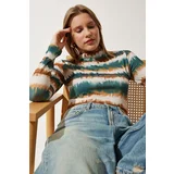  Women's Cream Dark Green Patterned High Neck Crop Knitted Blouse