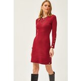 Olalook Women's Burgundy Cuff and Skirt Button Detailed Raised Mini Dress cene