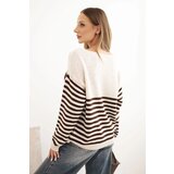 Kesi Włoski Women's striped sweater with heart, made of mohair and V-neck brown | Shoptok.si