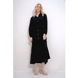 Trend Alaçatı Stili Women's Black Shirt Collar Stone Button Detailed Skirt Frilly Woven Viscose Dress