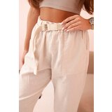 Kesi Włoski Women's linen cotton pants with a belt beige | Shoptok.si