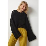  Women's Black Diamond Patterned Openwork Knitwear Sweater Cene