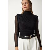  Women's Black Chiffon Sleeve Gathered Knitted Blouse | Shoptok.si