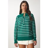  Women's Dark Green Ecru Button-down Collar Knitwear Sweater | Eponuda.ba