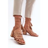 EVENTO Lace-up sandals with low heels embellished with studs Camel Chrisele | shoptok.hr
