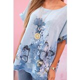 Kesi Włoski Women's cotton shirt with butterflies and flowers blue | shoptok.hr
