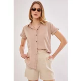 armonika Women's Beige Short Sleeve Linen Shirt