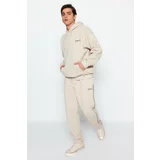 Trendyol Stone Men's Oversized Hoodie. Elastic Legs, Embroidery Welding, and Soft Pile Cotton Tracksuit Set.