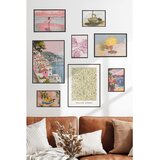 Wallxpert set od 8 uramljenih slika Çgs-060, mediteranski motivi u pastelnim tonovima – primorski grad, limuni, školjke i šara williama morrisa, crni ram | Eponuda.com