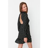Trendyol Black Ruffled and Low Back Printed Ribbed Knitted Dress Cene