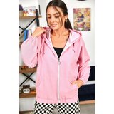 armonika Women's Pink Hoodie with Zipper Oversized Sweatshirt Cene