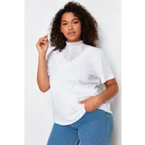 Trendyol Curve White Embroidered Stand Collar Basic Mold Cotton Knitted Blouse