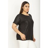 Şans Women's Plus Size Black Flocked Fabric Self Patterned Low Sleeve Blouse cene