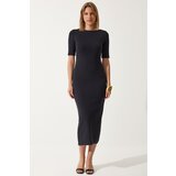  Women's Black Gather Detailed Summer Knitted Dress Cene