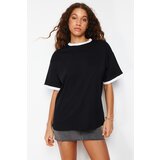Trendyol Black 100% Cotton Contrast Collar and Stripe Detailed Oversize/Relaxed Cut Knitted T-Shirt Cene