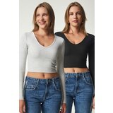 Happiness İstanbul Women's Gray Black V-Neck 2-Pack Crop Knitted Blouse Cene
