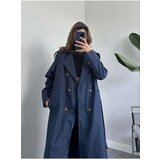 Laluvia Navy Blue Button Detailed Belted Long Trench Coat | shoptok.hr