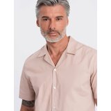 Ombre Men's short sleeve shirt with Cuban collar - light brown cene