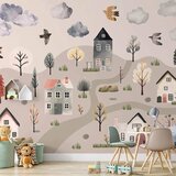  Foto tapeta - Scandinavian Valley - Village in Pastel Colours Painted in Watercolours 250x175 Vodootporna | shoptok.hr
