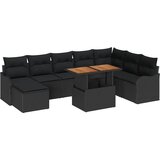 vidaXL 9-delni vrtni sofa set z blazinami Črni poli ratan akacija, 2-sedežna vrtna sofa z blazinami Črni poli ratan | Shoptok.si