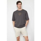 Trendyol Anthracite Men's Oversize/Wide-Fit 100% Cotton T-shirt with Text Embroidery Cene