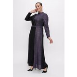 By Saygı With a Big Collar Stone And Feather Detail, Belted Waist, Half Silvery Plus Size Long Dress Purple. Cene