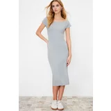 Trendyol Gray Boat Neck Fitted Cotton Stretchy Midi Knitted Midi Dress