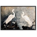  Slika - Herons and cherry blossoms - oriental-style illustration depicting birds 90x60 U crnom drvenom okviru | shoptok.hr