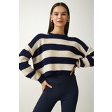 Happiness İstanbul Women's Navy Blue Cream Striped Crop Knitwear Sweater Cene