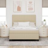 Box Spring krevet s madracem i LED svjetlom u bež kordura tkanini 140x200 cm | shoptok.hr