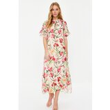 Trendyol Ecru Floral Sleeve and Collar Detailed Lined Chiffon Evening Dress Cene