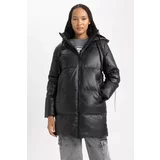 Defacto Waterproof Relax Fit Hooded Puffer Faux Leather Jacket